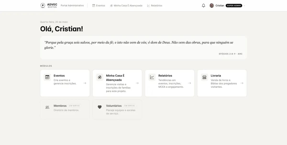 Dashboard of ADVEC Boston admin portal with modules for events, reports, bookstore, and volunteers