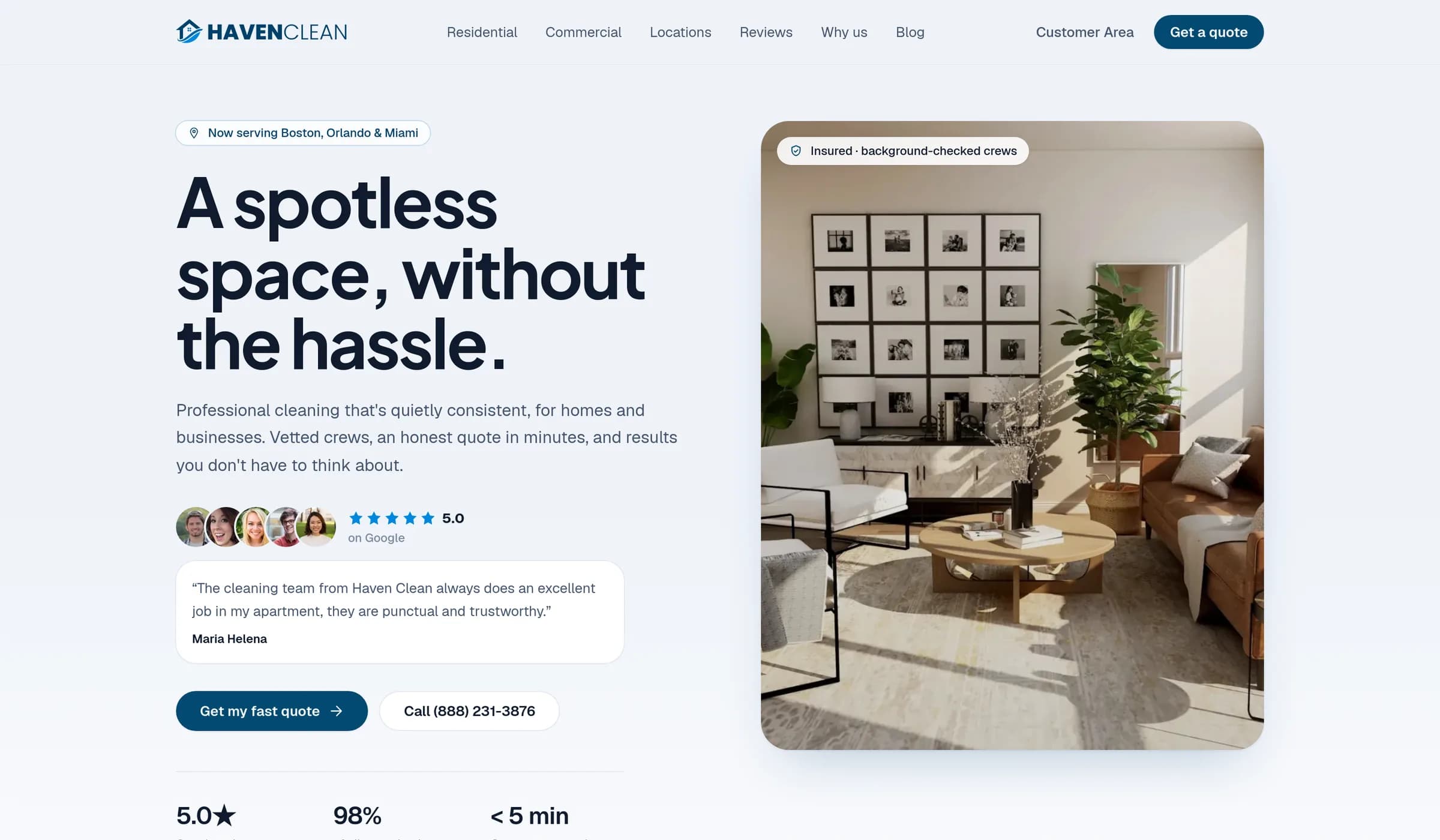 HavenClean site with the hero "A spotless space, without the hassle", a 5.0-on-Google rating, and an instant-quote CTA